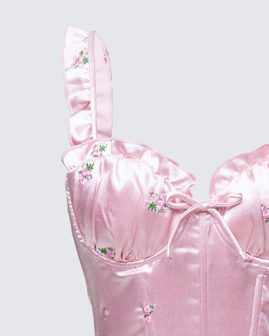 Finesse Odelle Pink Embroidered Satin Ruffle Dress