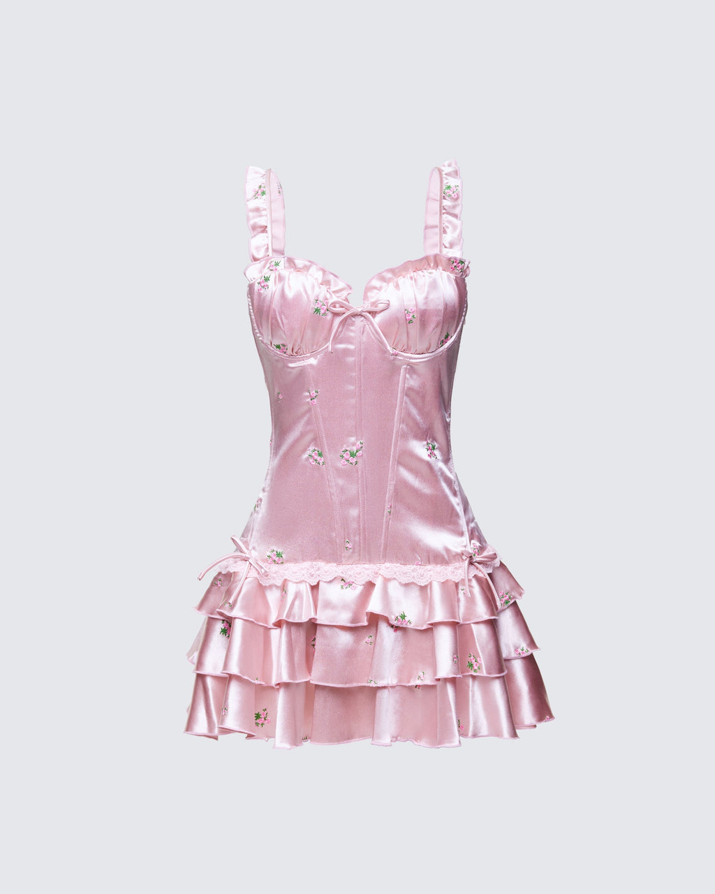 Finesse Odelle Pink Embroidered Satin Ruffle Dress