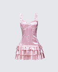 Finesse Odelle Pink Embroidered Satin Ruffle Dress
