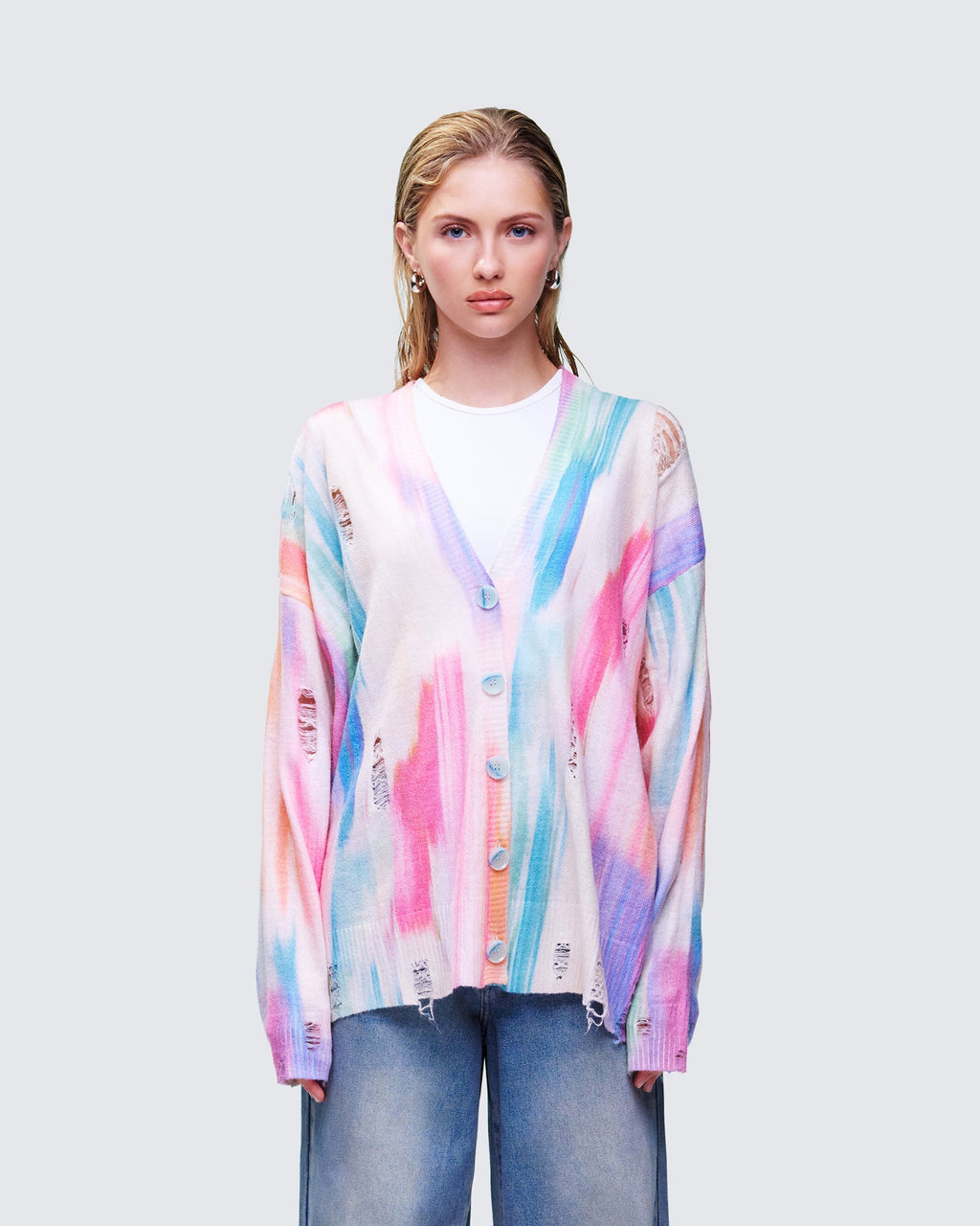 Finesse Omie Multi Print Distressed Cardigan