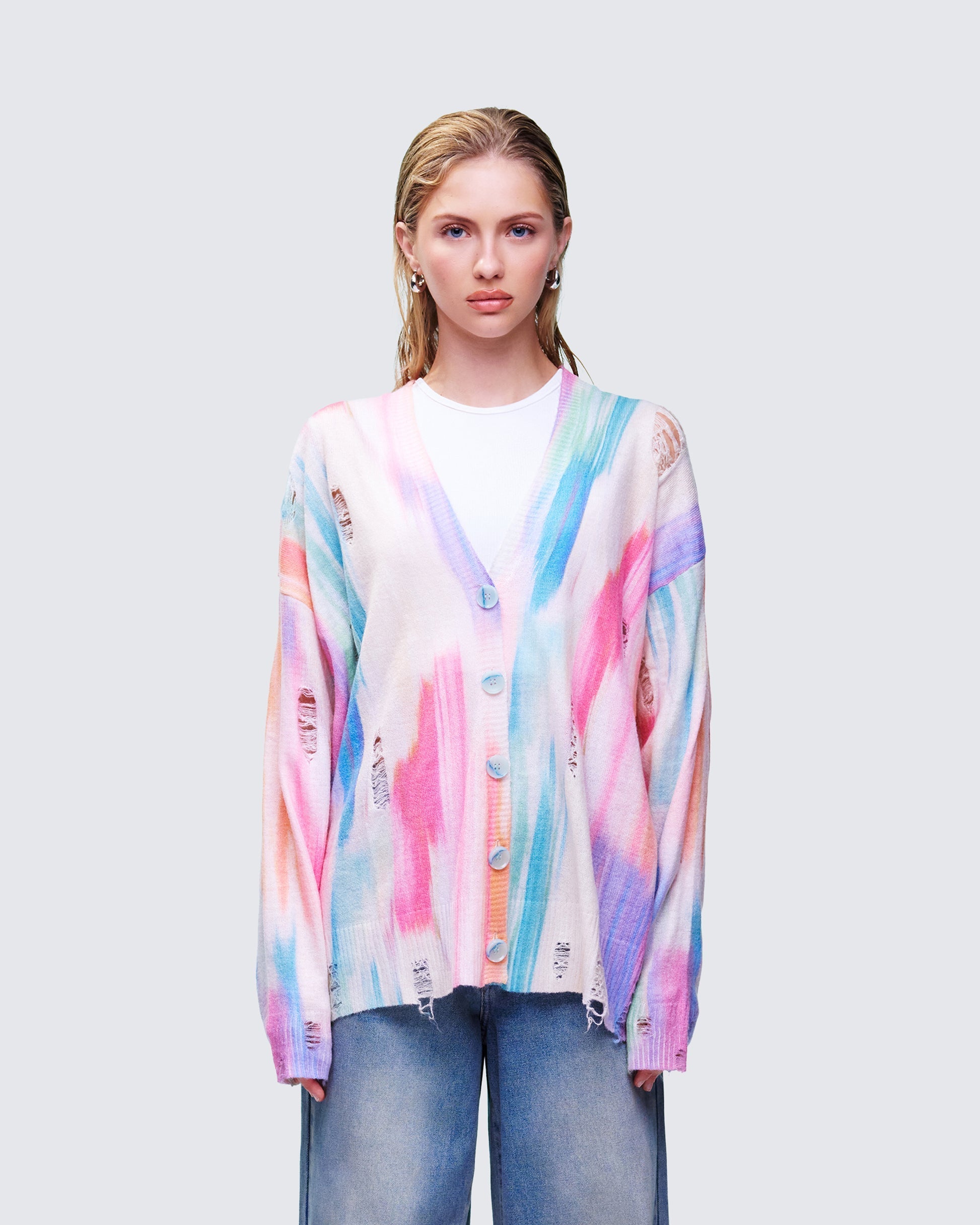 Finesse Omie Multi Print Distressed Cardigan