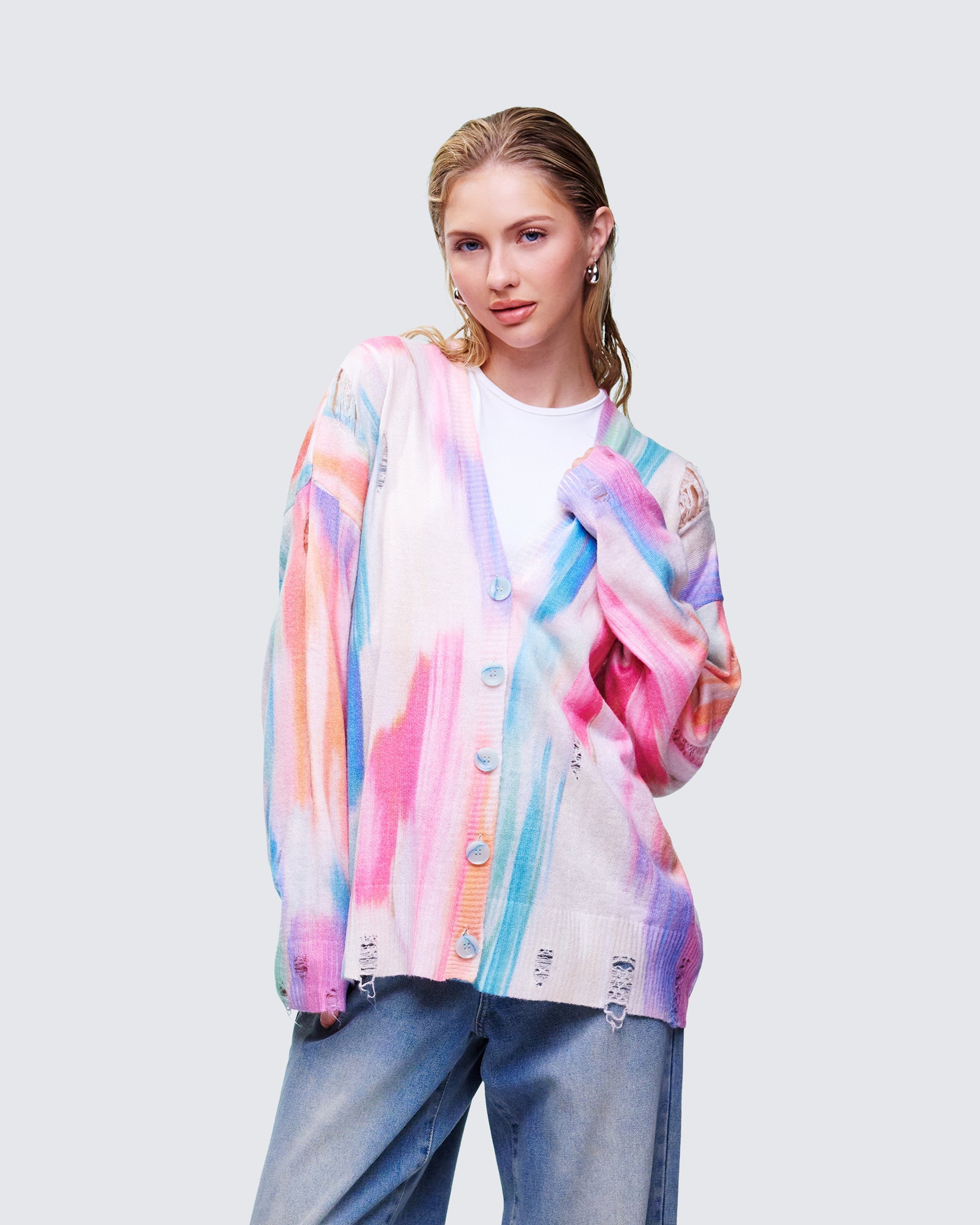 Finesse Omie Multi Print Distressed Cardigan