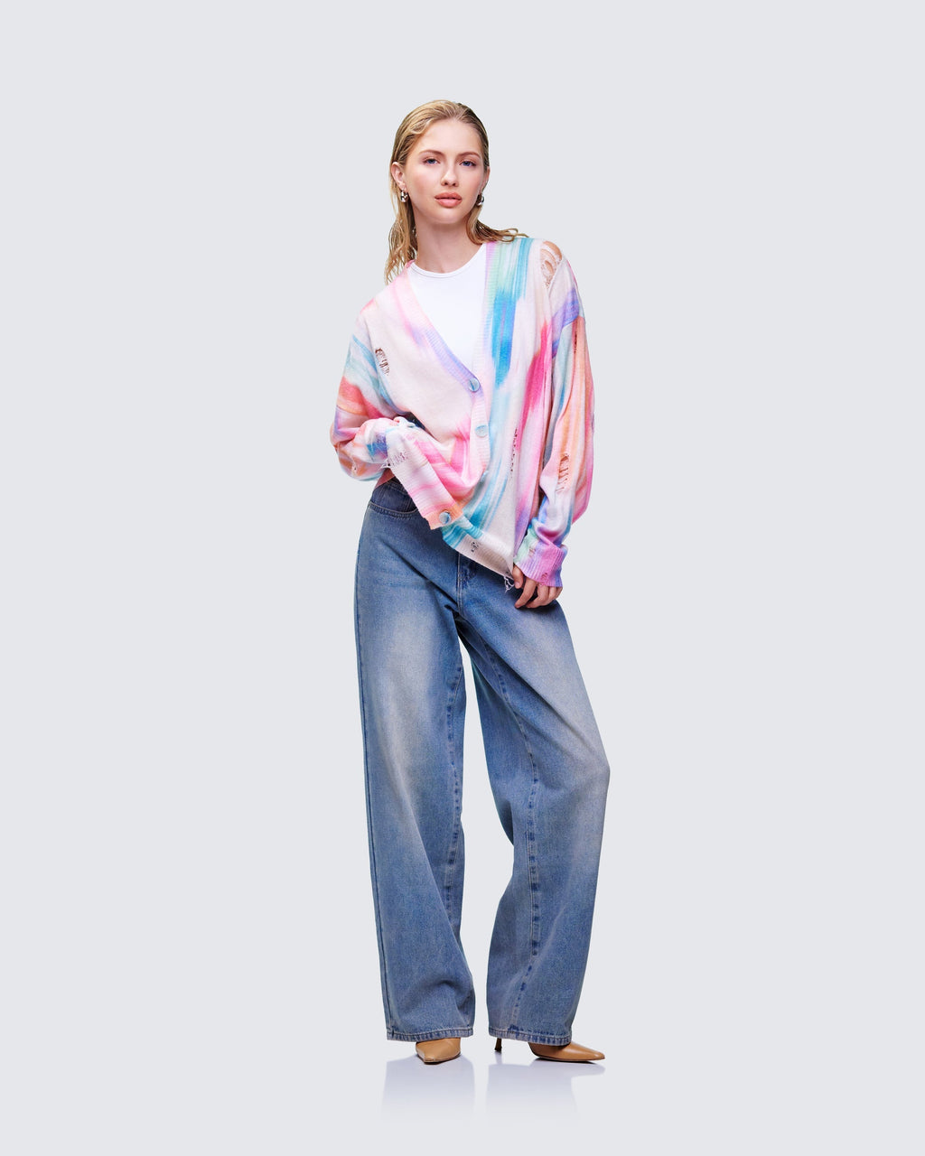 Finesse Omie Multi Print Distressed Cardigan
