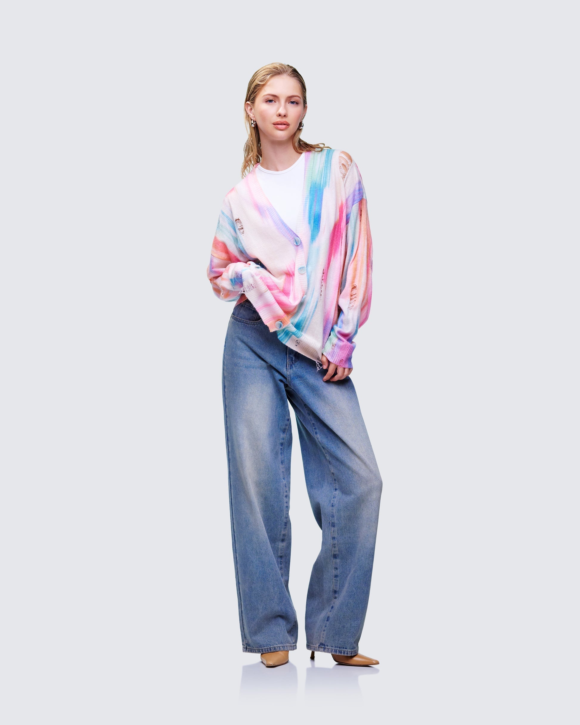 Finesse Omie Multi Print Distressed Cardigan