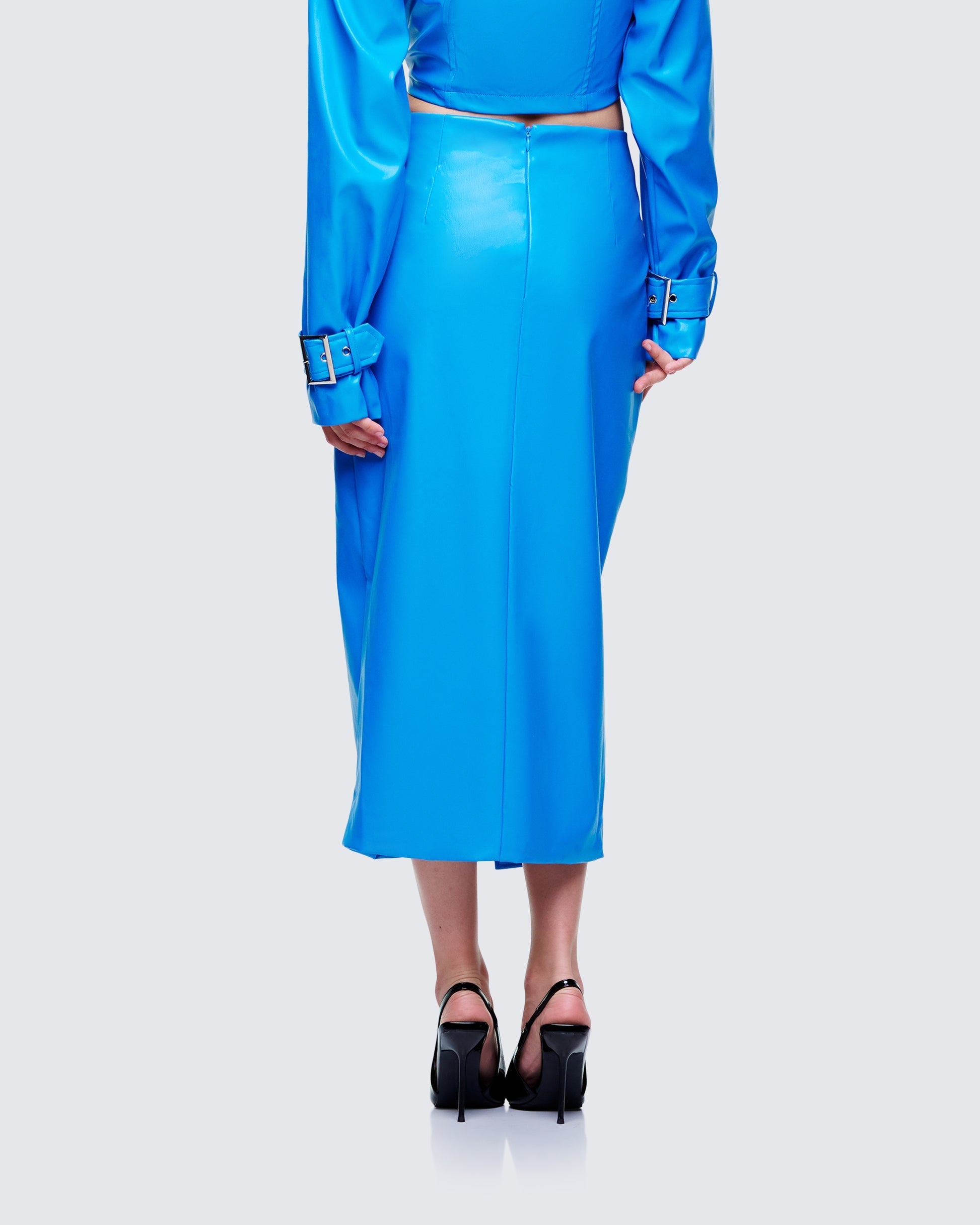 Finesse Orion Blue Vegan Leather Wrap Skirt