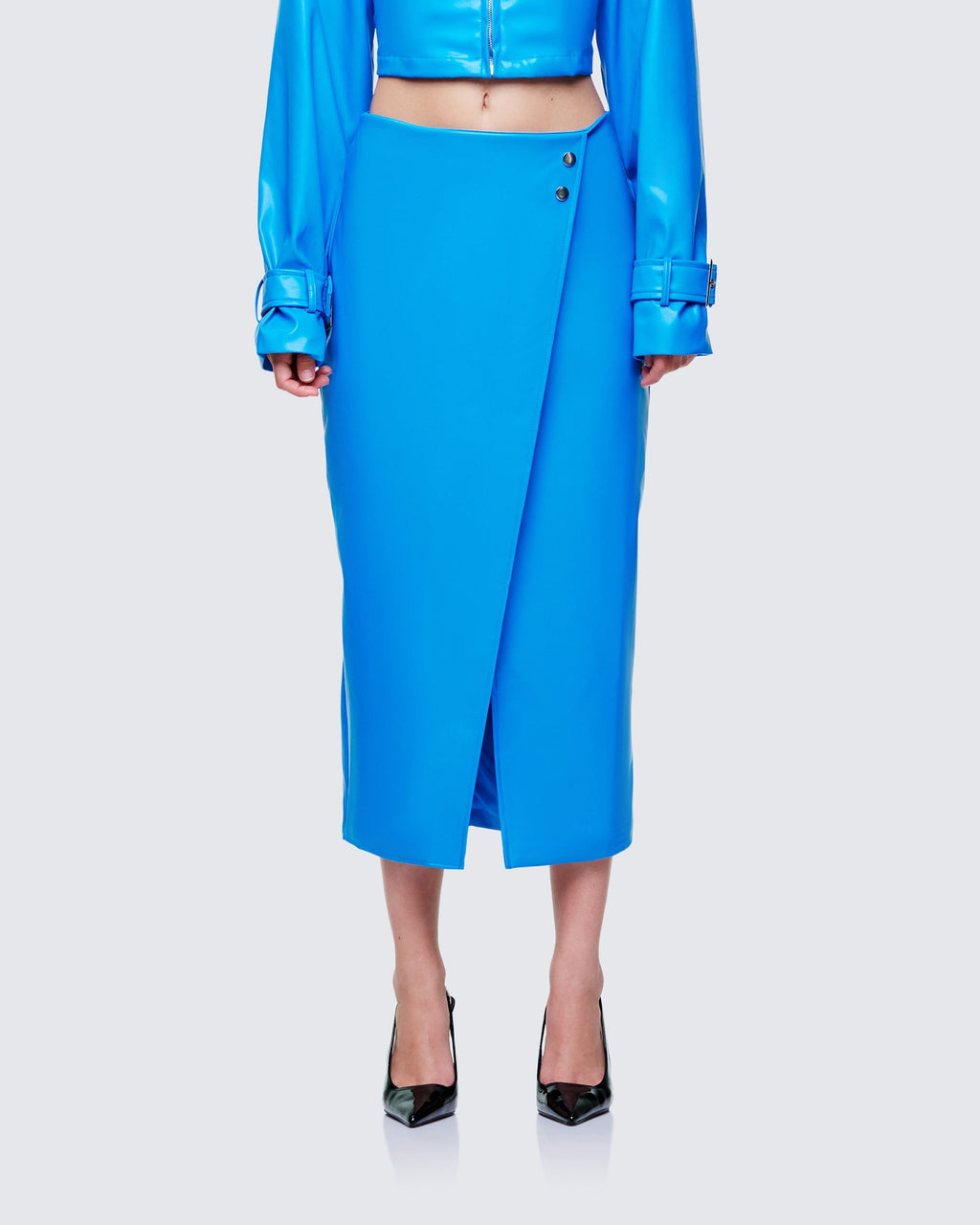 Finesse Orion Blue Vegan Leather Wrap Skirt