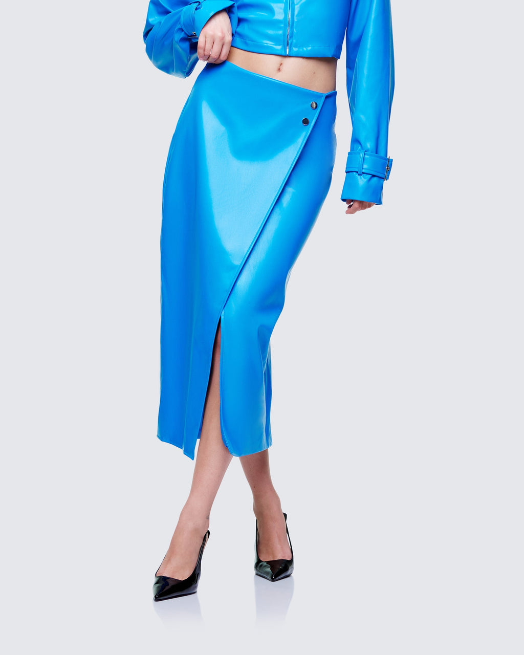Finesse Orion Blue Vegan Leather Wrap Skirt