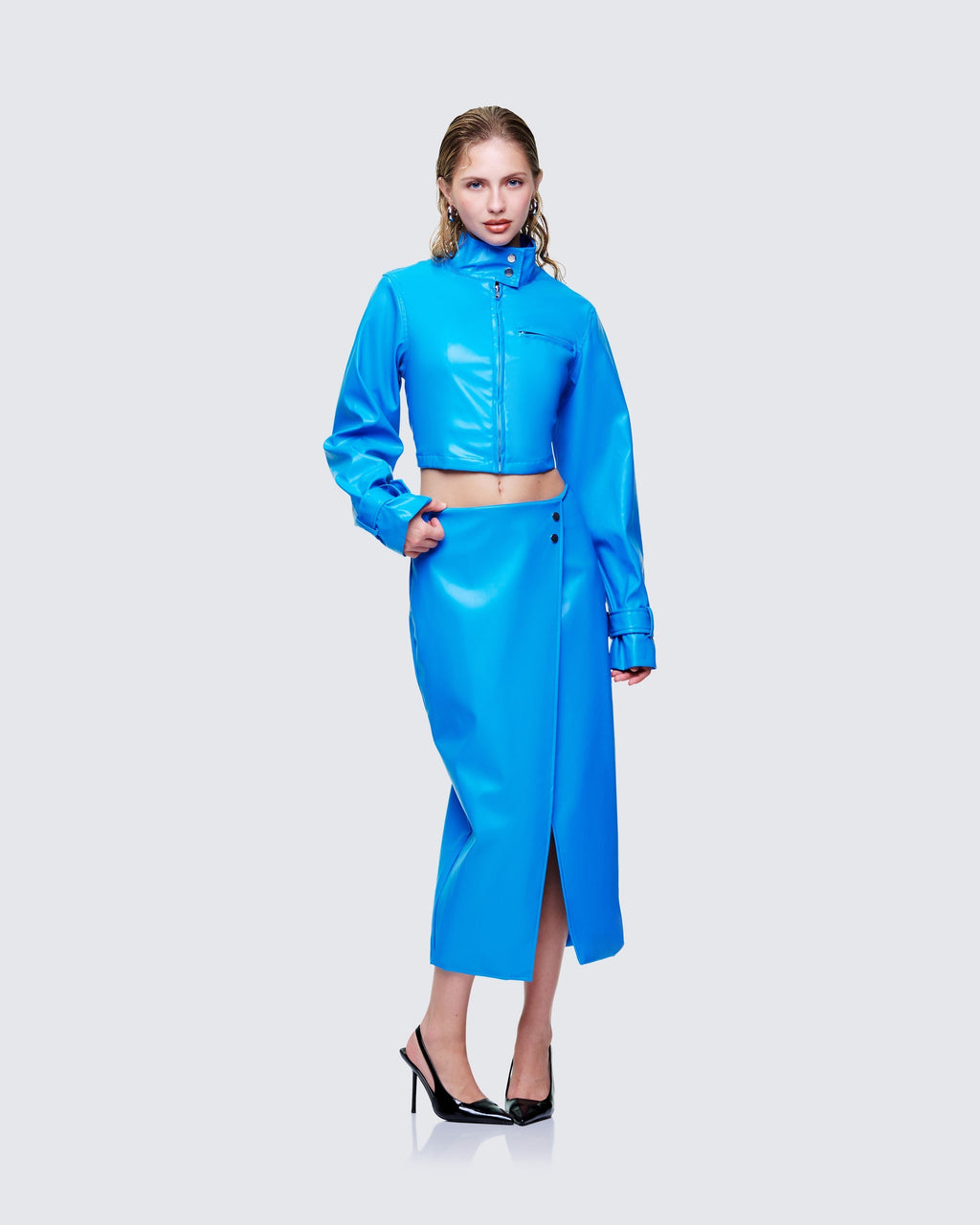 Finesse Orion Blue Vegan Leather Wrap Skirt