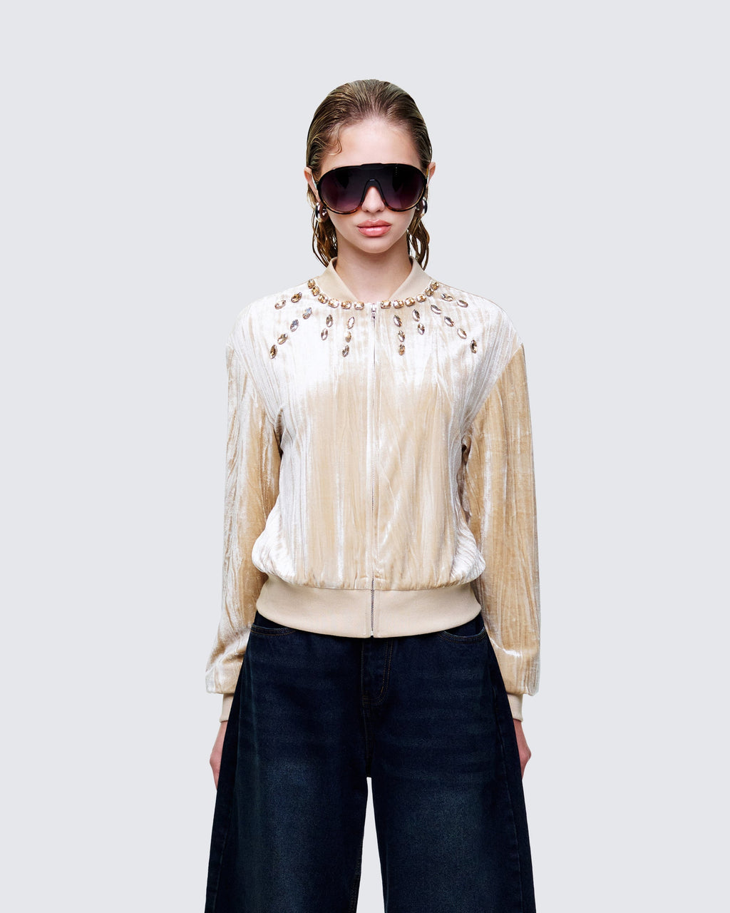 Finesse Runa Beige Velour Embellished Jacket