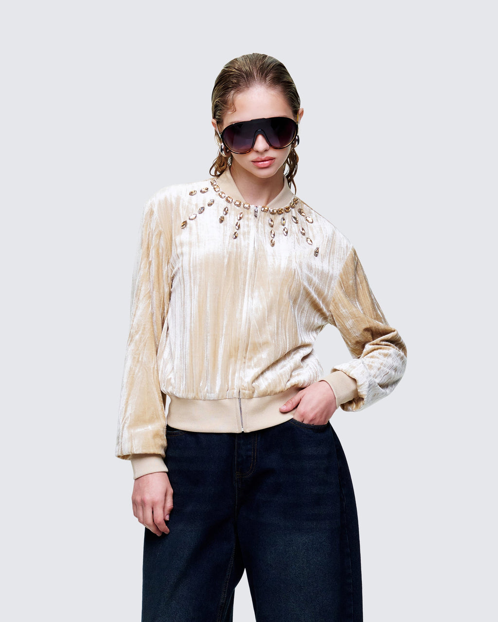 Finesse Runa Beige Velour Embellished Jacket