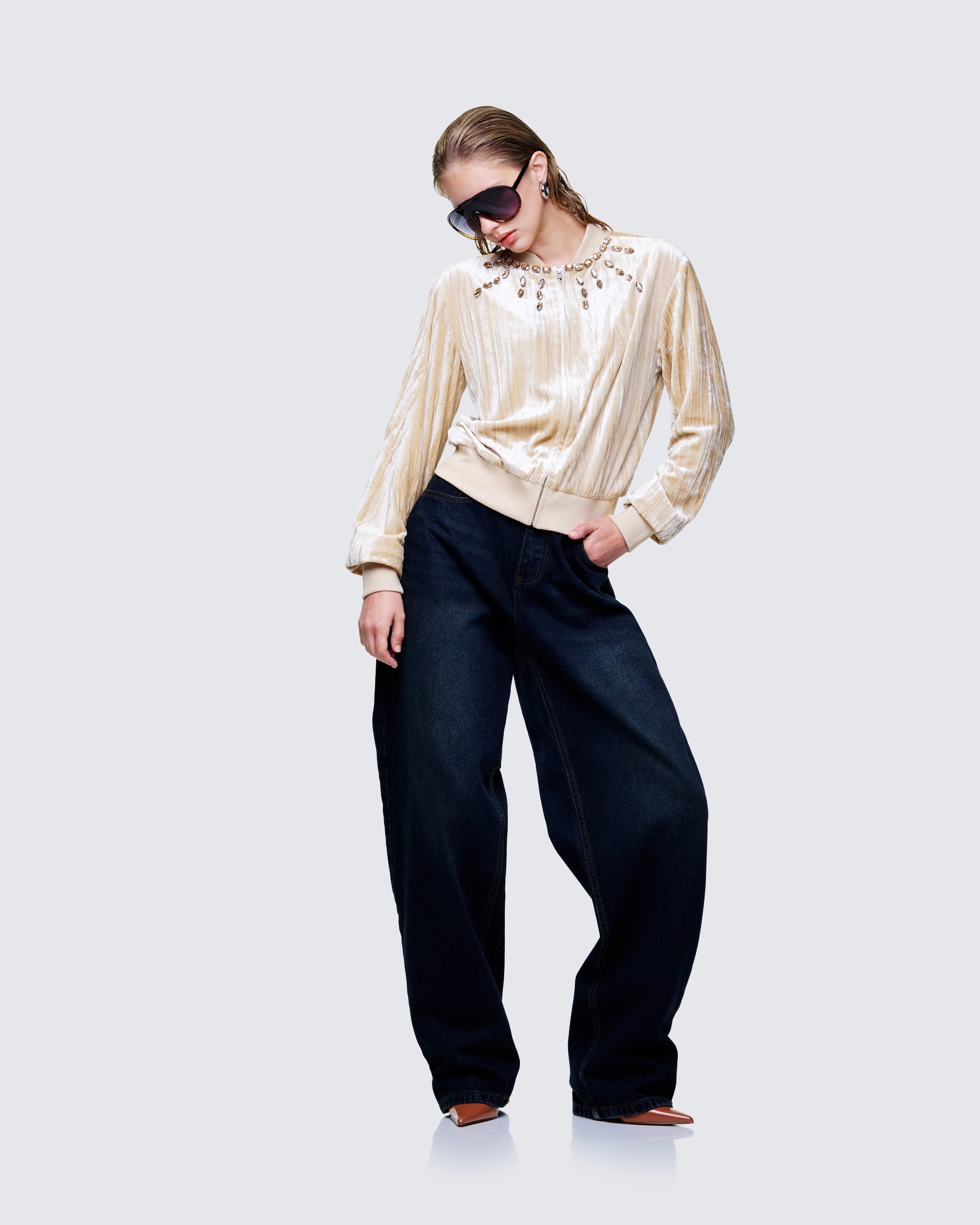 Finesse Runa Beige Velour Embellished Jacket