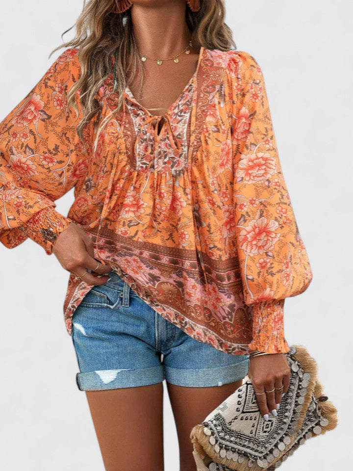 Nabalu Women’s V-Neck Tie Front Blouse – Long Sleeve Relaxed Fit Top