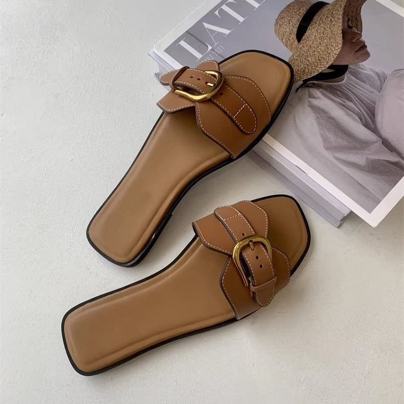 Nabalu Buckle Strap Flat Sandals – Casual Summer Slides for Women