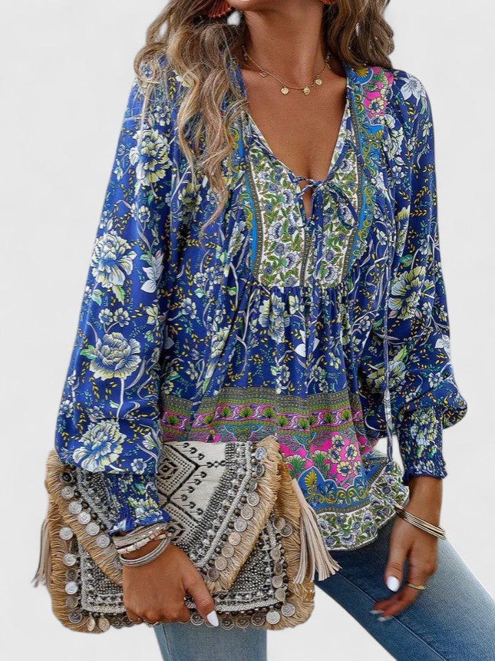 Nabalu Women’s V-Neck Tie Front Blouse – Long Sleeve Relaxed Fit Top