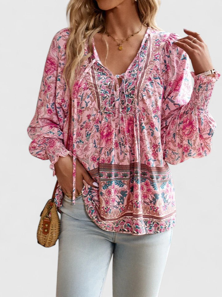 Nabalu Women’s V-Neck Tie Front Blouse – Long Sleeve Relaxed Fit Top