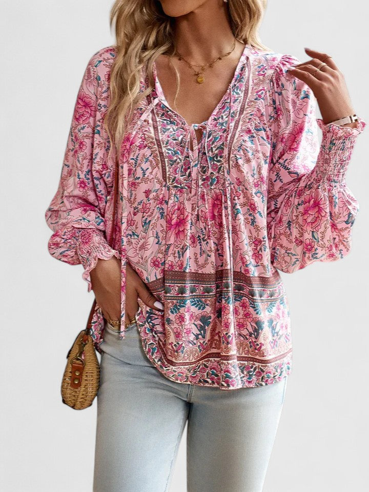 Nabalu Women’s V-Neck Tie Front Blouse – Long Sleeve Relaxed Fit Top