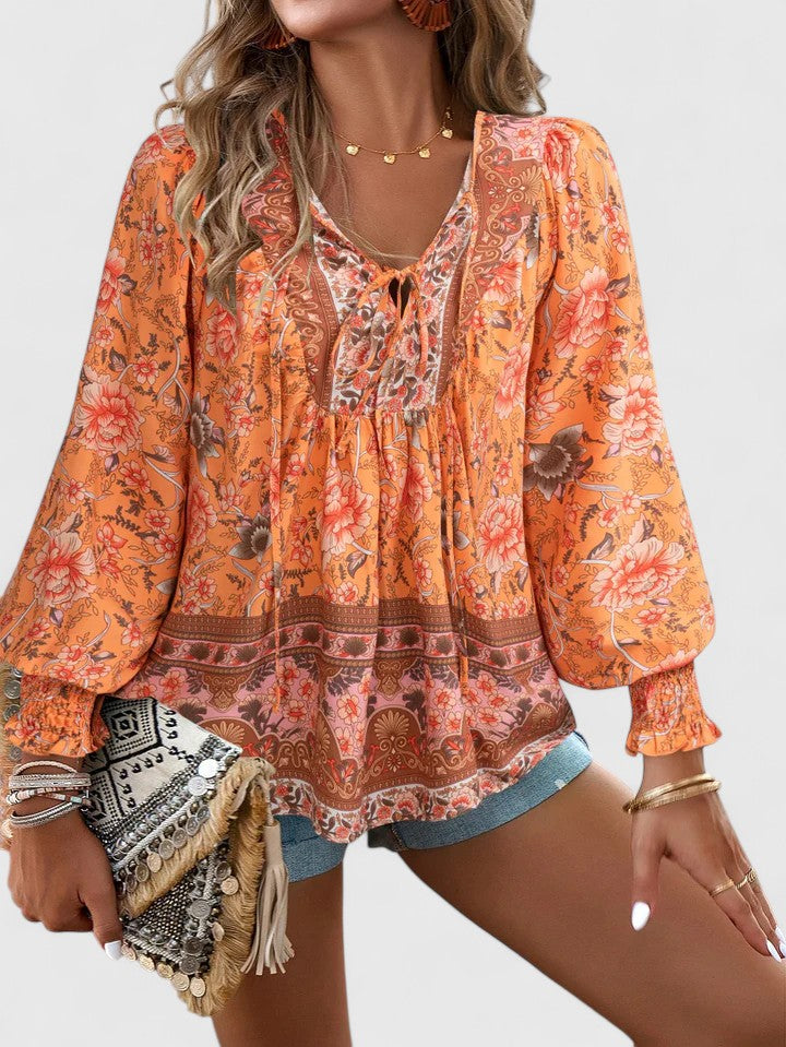 Nabalu Women’s V-Neck Tie Front Blouse – Long Sleeve Relaxed Fit Top