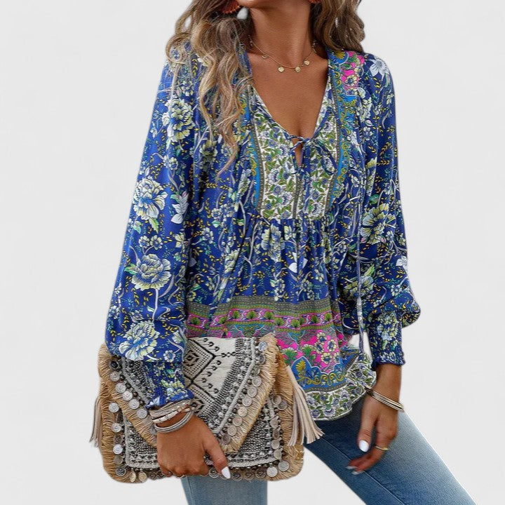 Nabalu Women’s V-Neck Tie Front Blouse – Long Sleeve Relaxed Fit Top