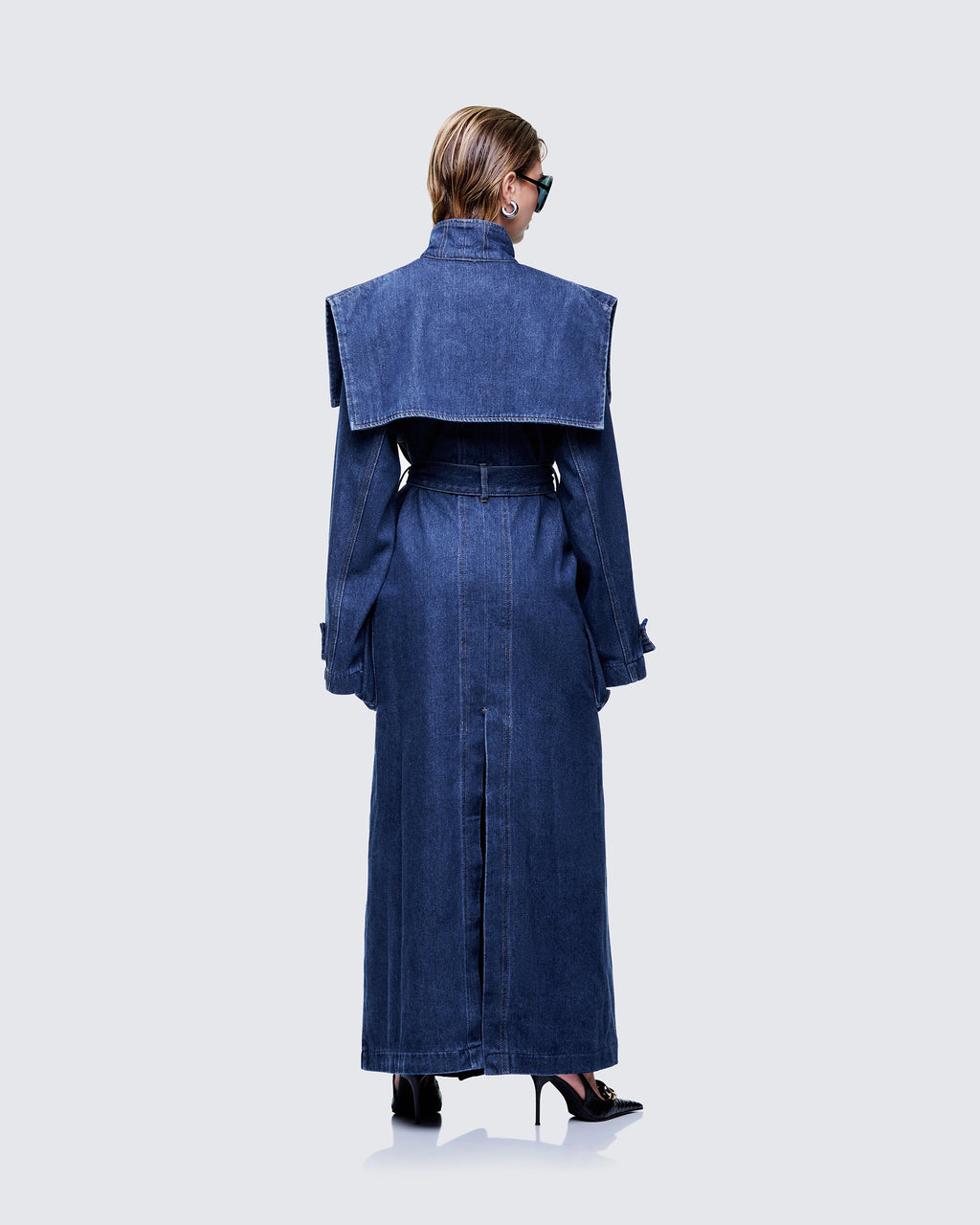 Finesse Siaz Blue Belted Maxi Denim Mac