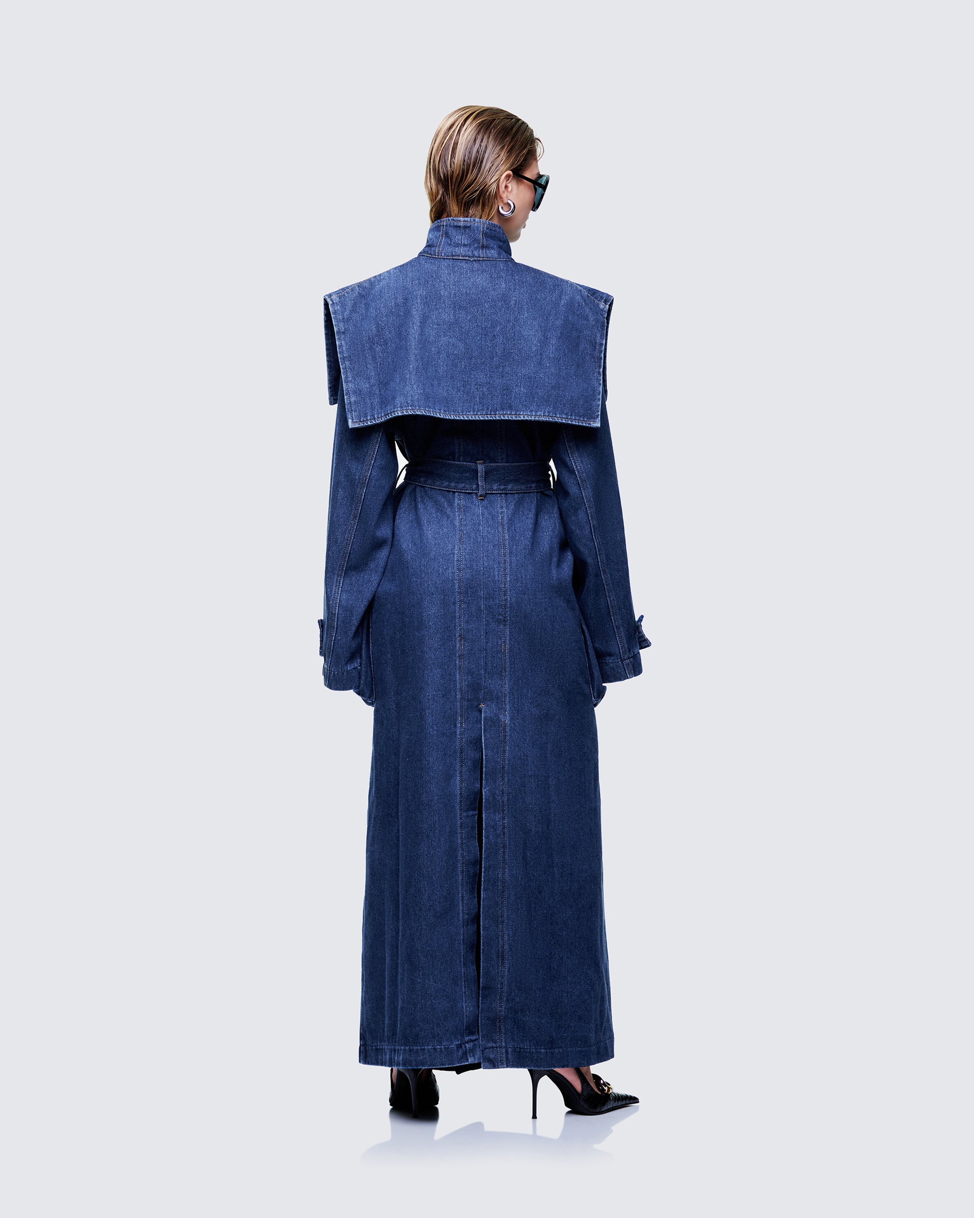 Finesse Siaz Blue Belted Maxi Denim Mac