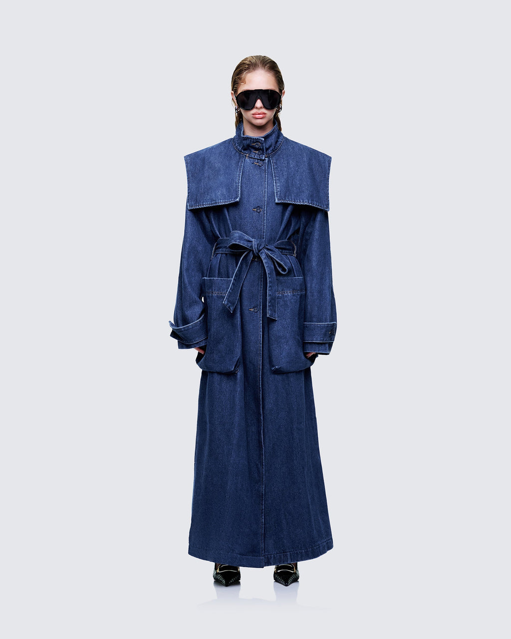 Finesse Siaz Blue Belted Maxi Denim Mac