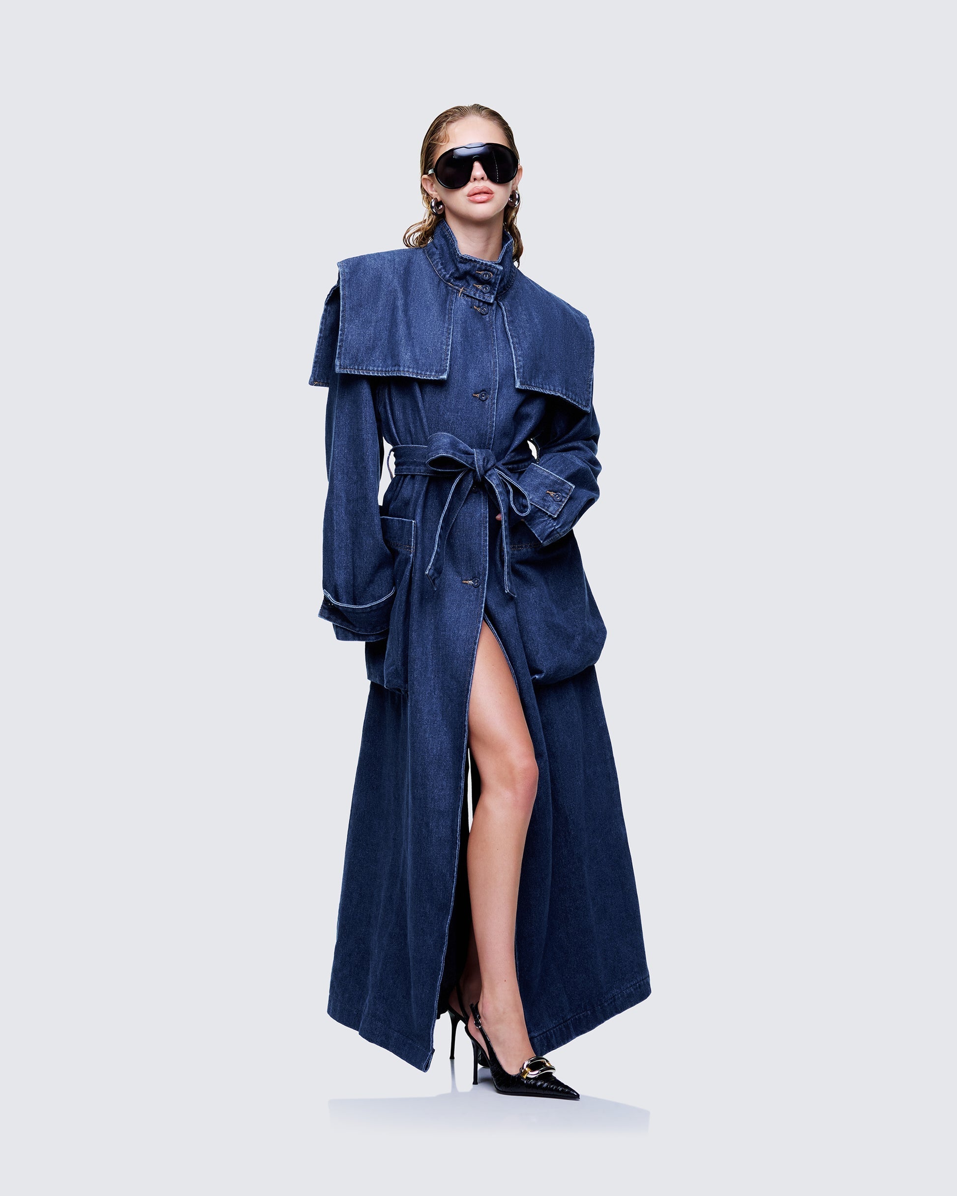 Finesse Siaz Blue Belted Maxi Denim Mac