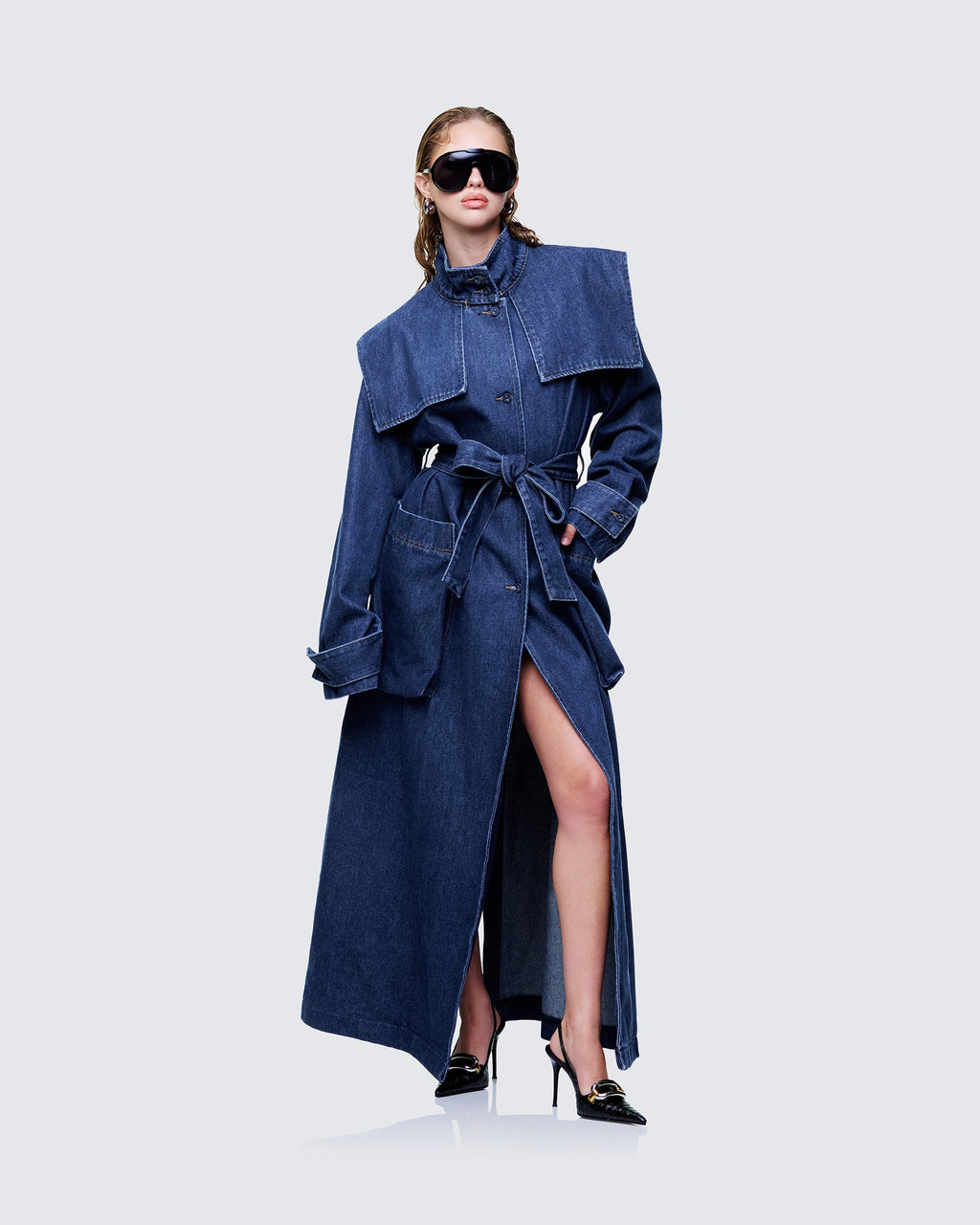 Finesse Siaz Blue Belted Maxi Denim Mac