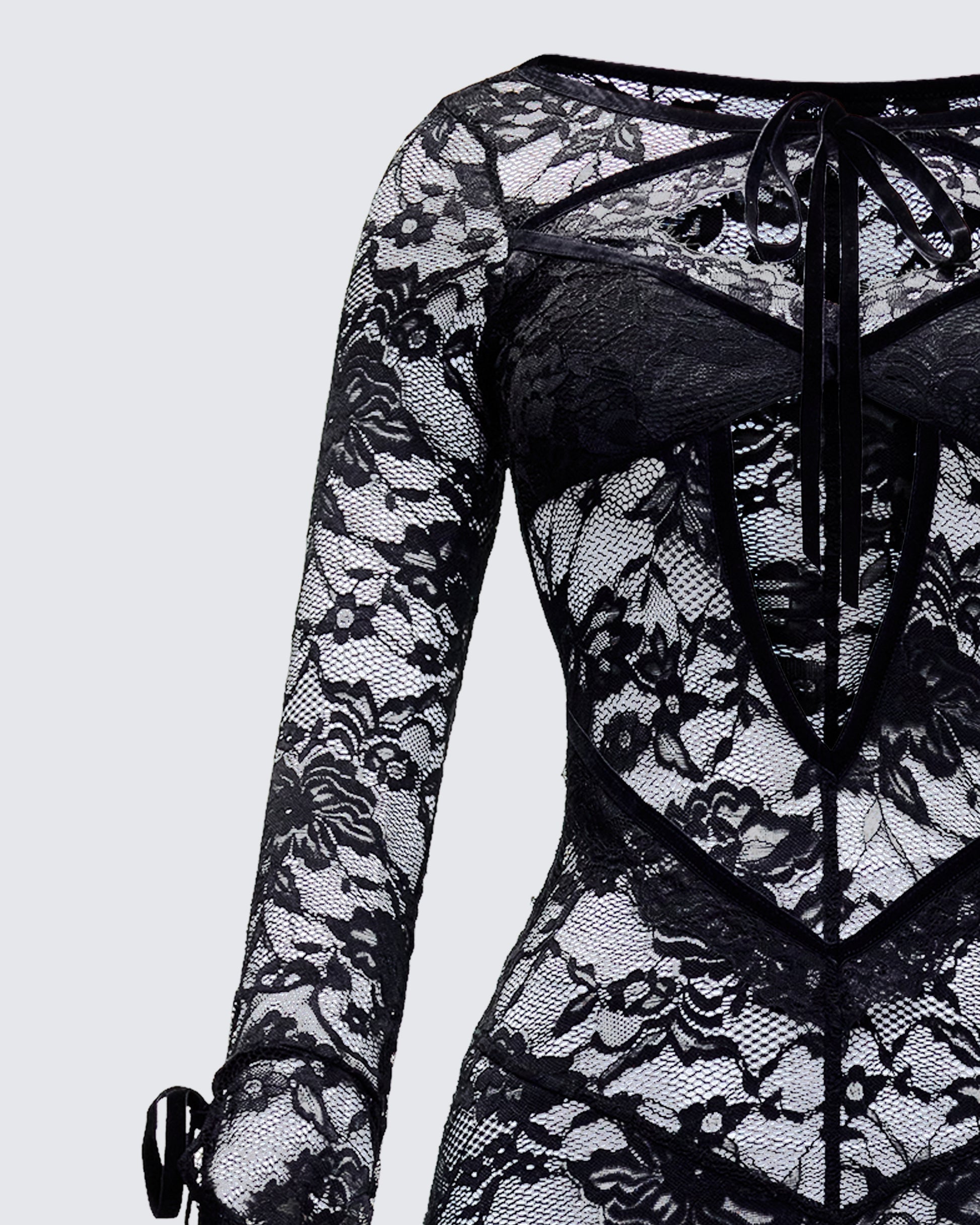 Finesse Sonia Black Sheer Peekaboo Lace Maxi Dress