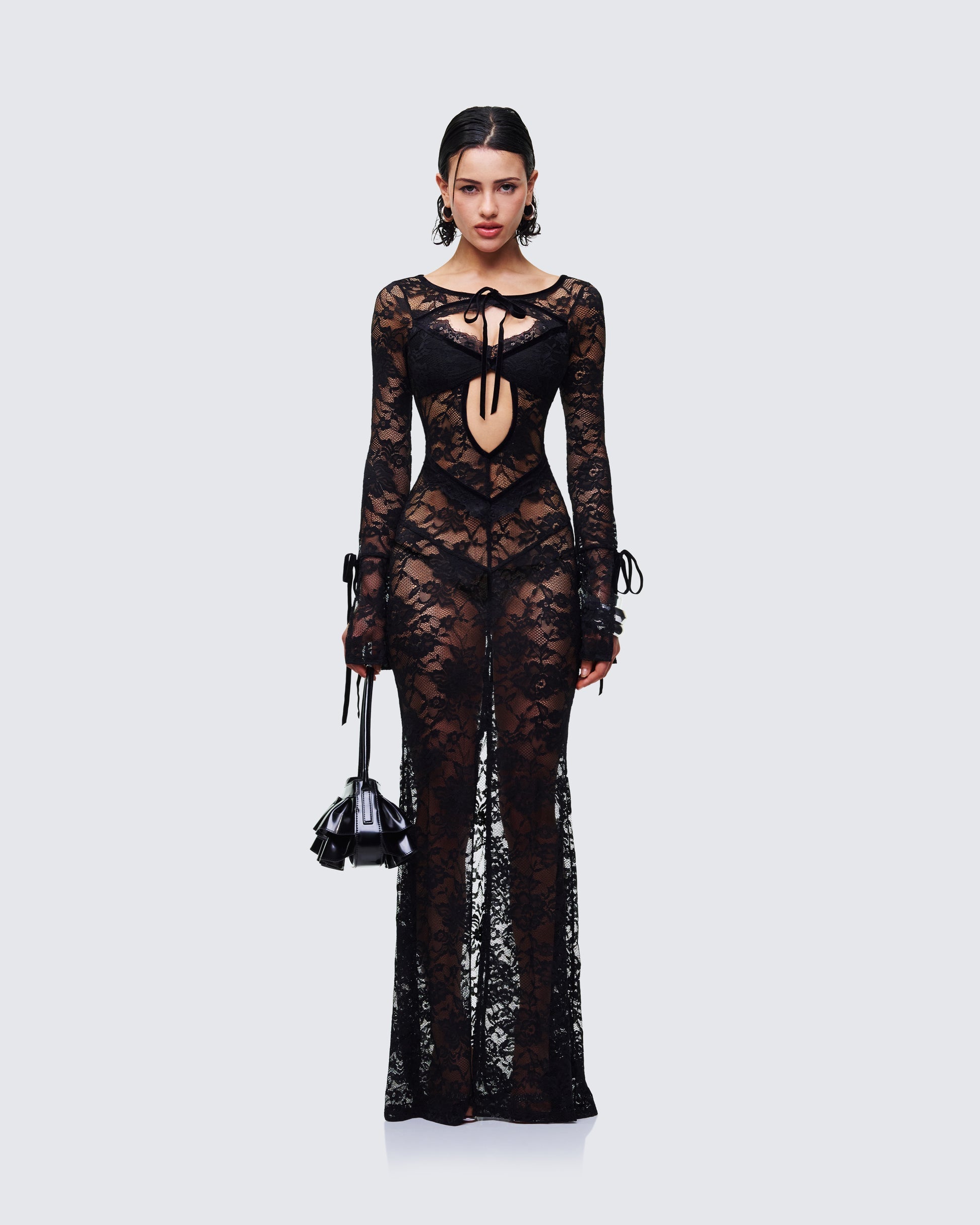 Finesse Sonia Black Sheer Peekaboo Lace Maxi Dress