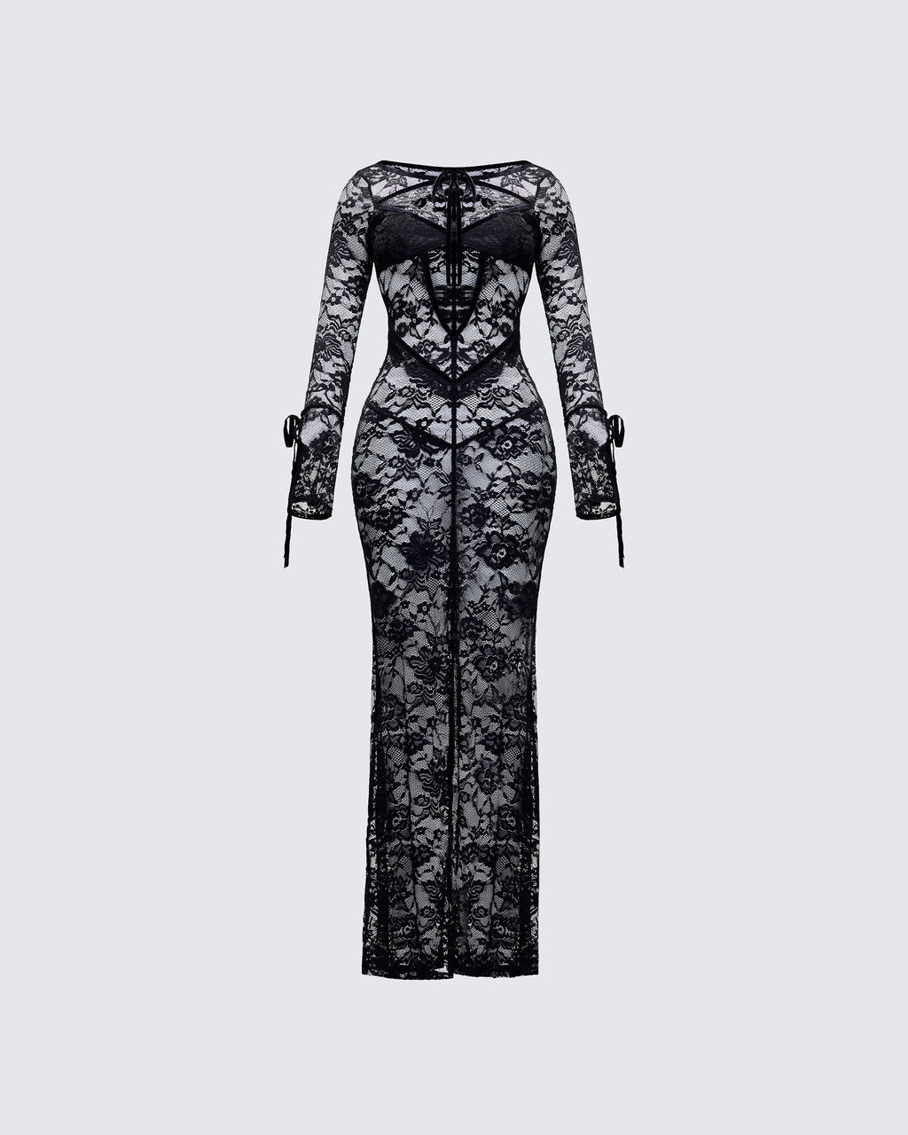 Finesse Sonia Black Sheer Peekaboo Lace Maxi Dress