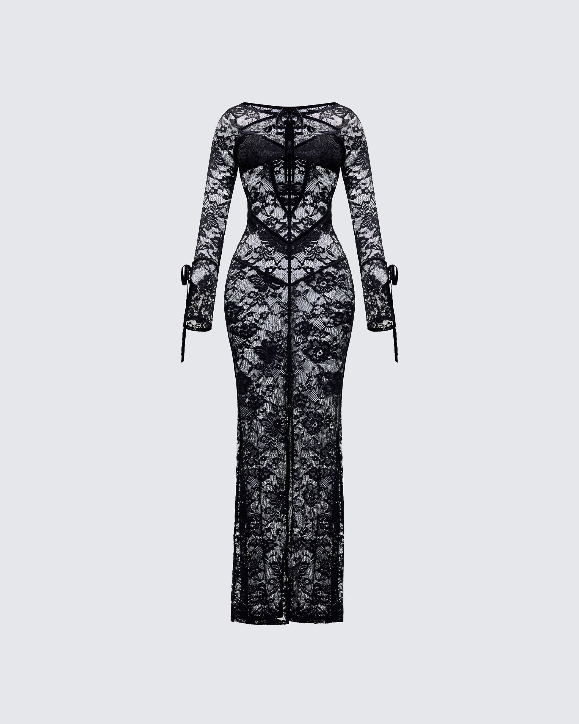 Finesse Sonia Black Sheer Peekaboo Lace Maxi Dress