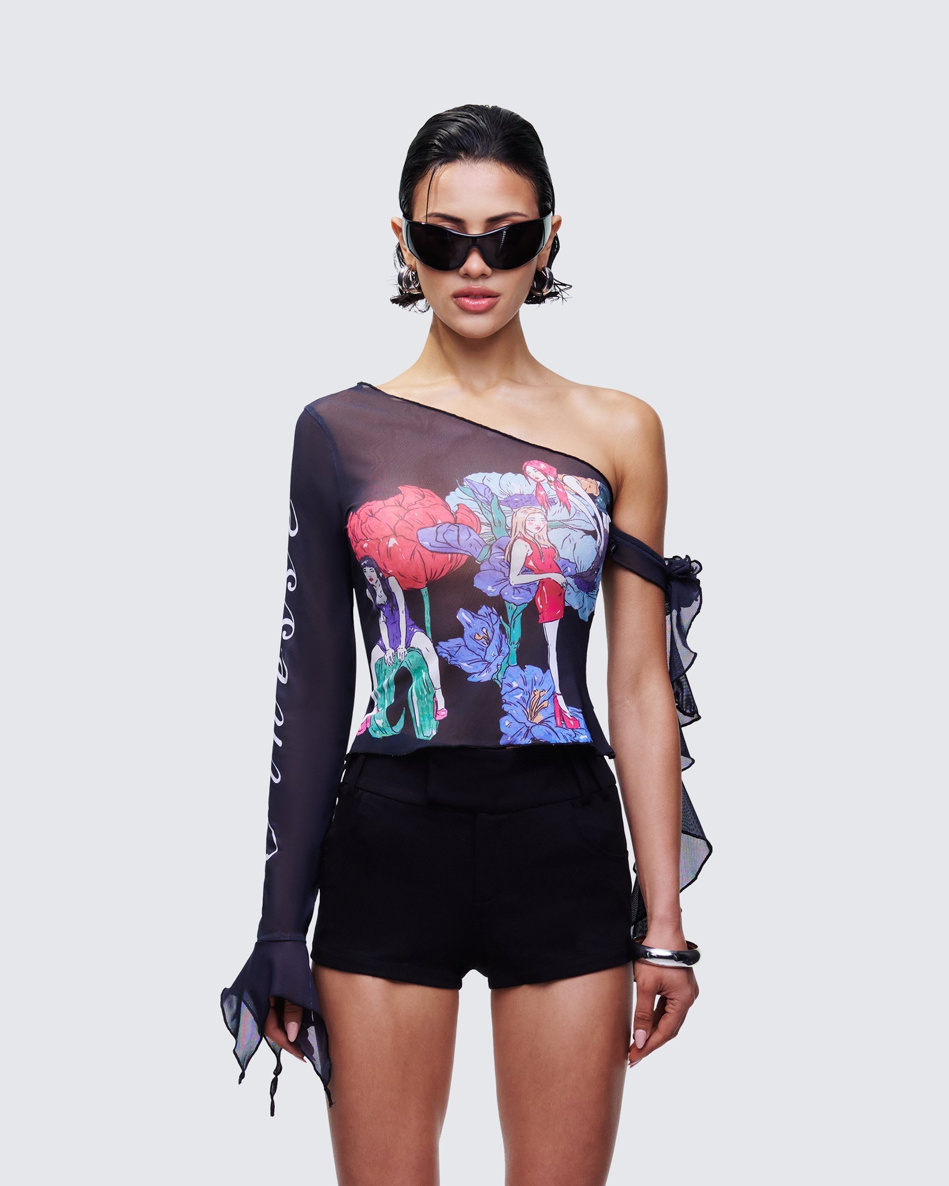 Finesse Sylphine Printed Mesh Asymmetric Top