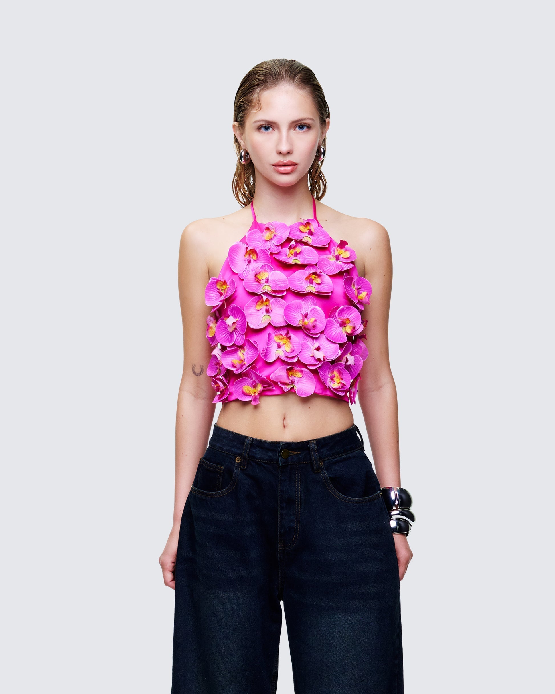 Synnia Pink Satin Orchid Applique Top