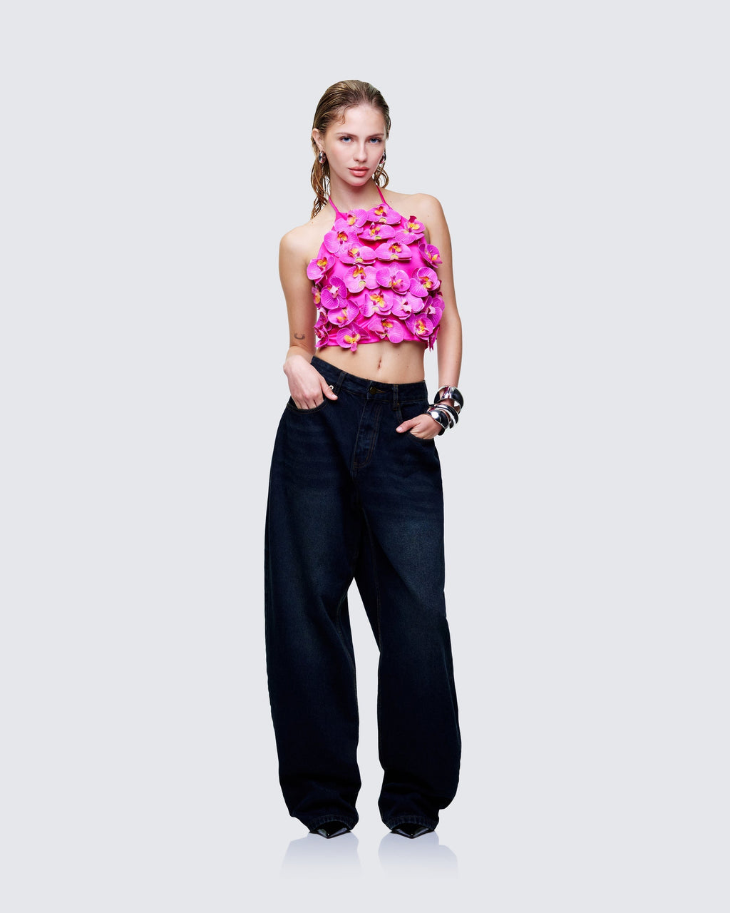 Synnia Pink Satin Orchid Applique Top