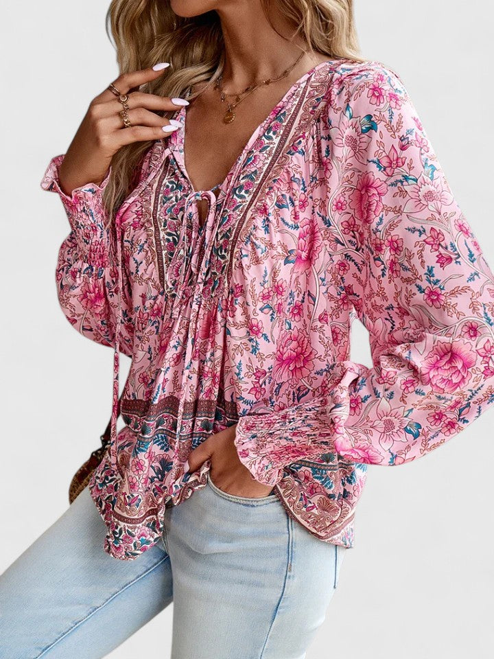 Nabalu Women’s V-Neck Tie Front Blouse – Long Sleeve Relaxed Fit Top
