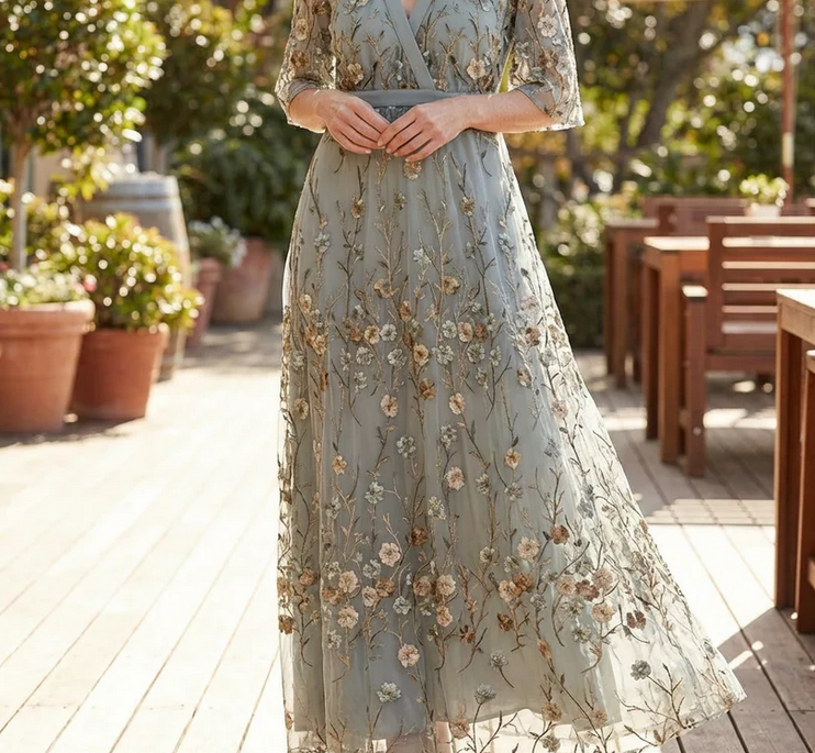 Nabalu Elarisse | Women’s Embroidered Mesh Wrap Maxi Dress