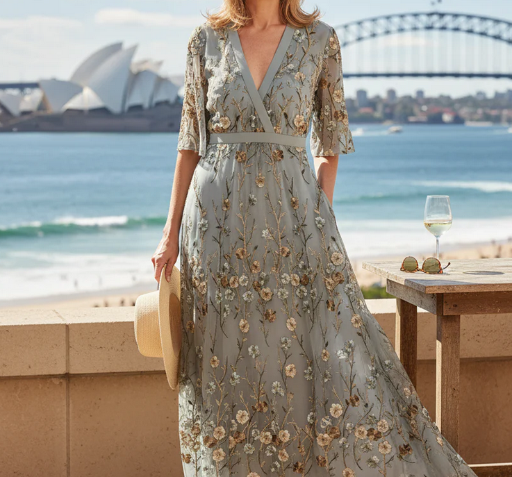 Nabalu Elarisse | Women’s Embroidered Mesh Wrap Maxi Dress