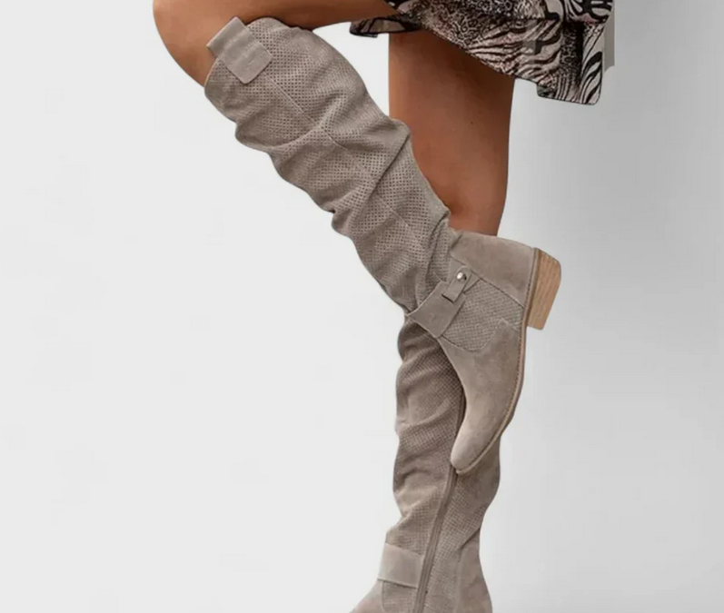 Nabalu Women’s Knee-High Boots – Perforated Upper with Slouch Design