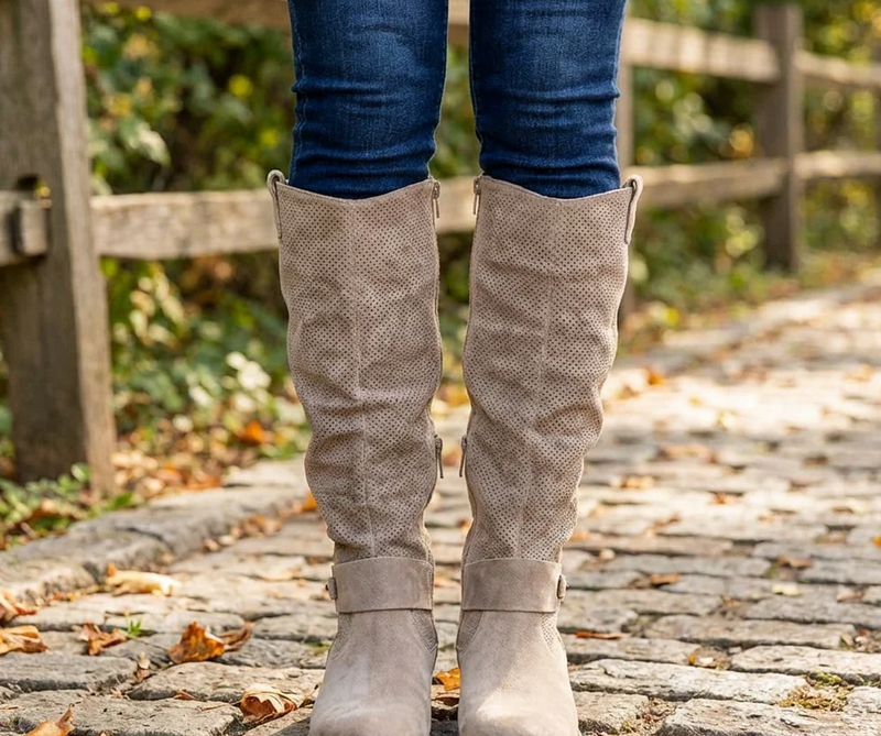 Nabalu Women’s Knee-High Boots – Perforated Upper with Slouch Design