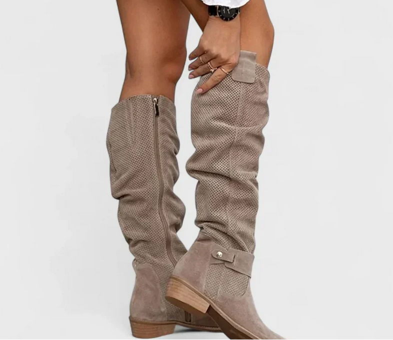 Nabalu Women’s Knee-High Boots – Perforated Upper with Slouch Design