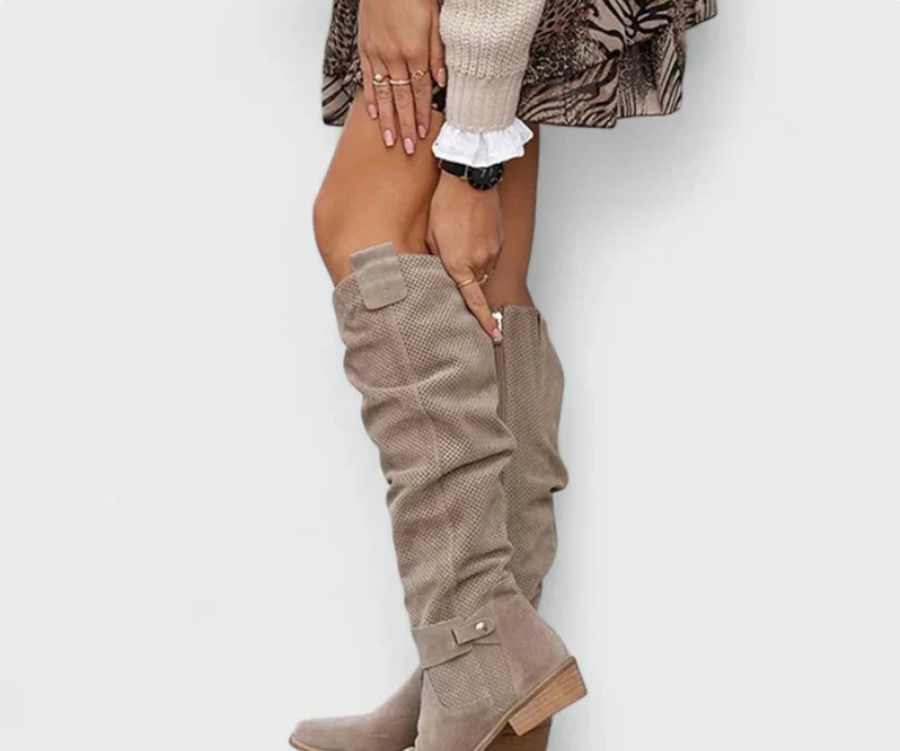 Nabalu Women’s Knee-High Boots – Perforated Upper with Slouch Design