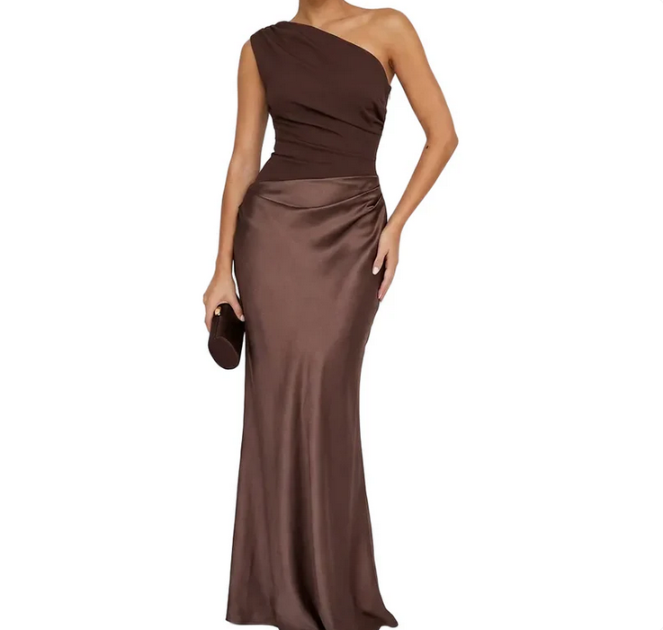 Nabalu Elegant One Shoulder Pleated Party Maxi Dress – Sophisticated Evening Style