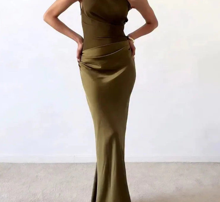 Nabalu Elegant One Shoulder Pleated Party Maxi Dress – Sophisticated Evening Style