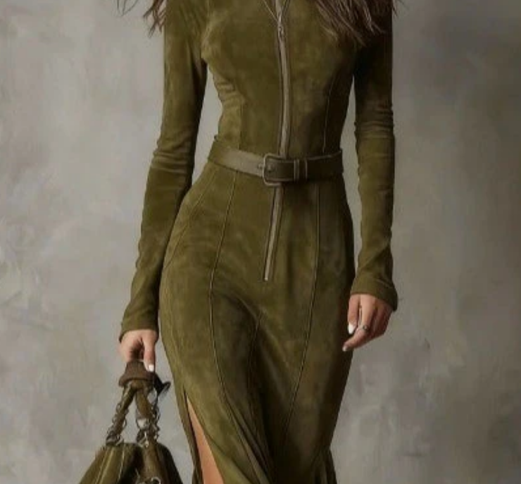 Nabalu Western Style Maxi Dress – Long Sleeve Zip Front Dress for Women