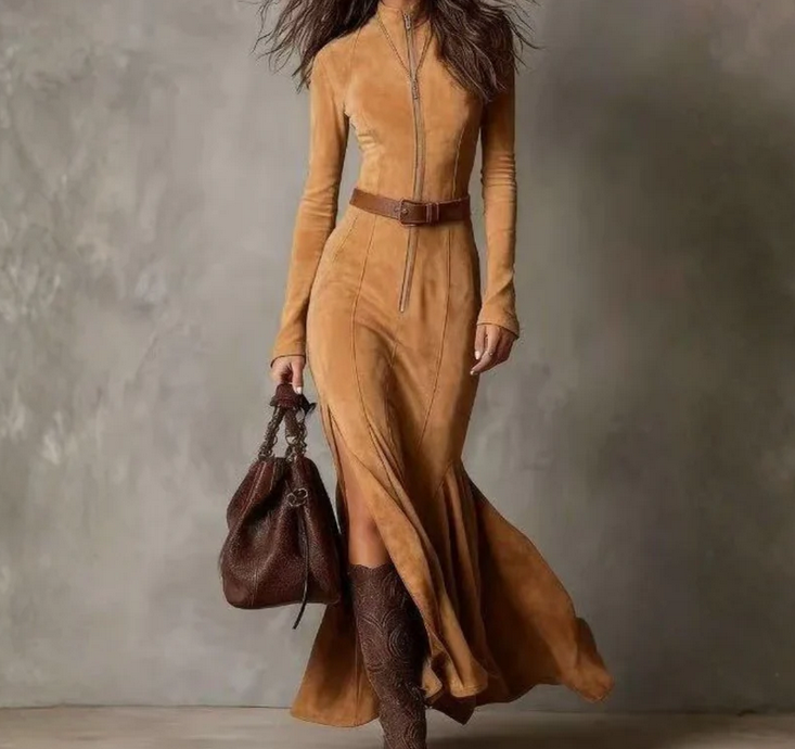 Nabalu Western Style Maxi Dress – Long Sleeve Zip Front Dress for Women