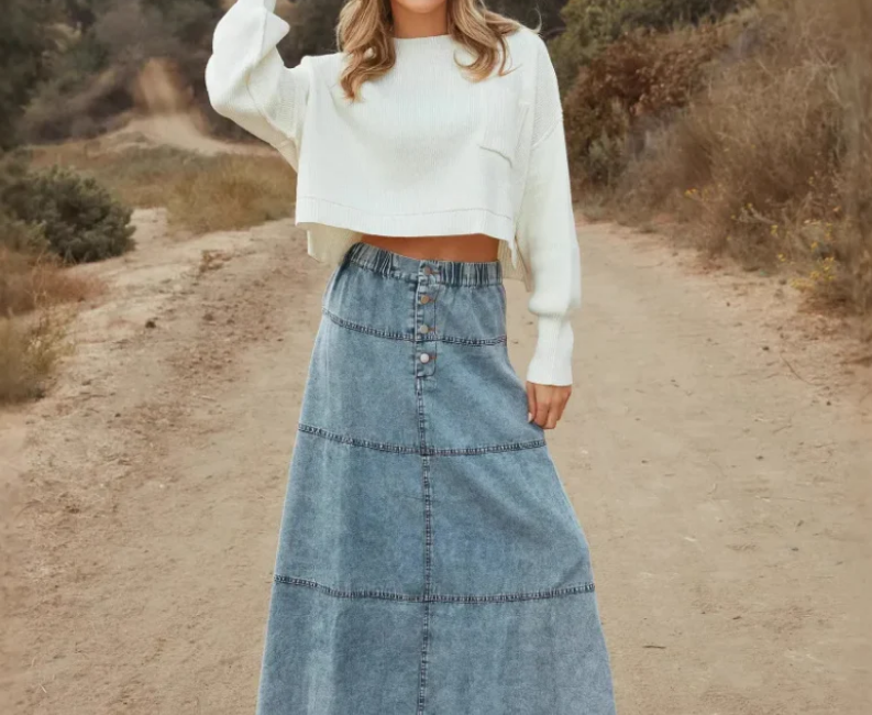 Nabalu Therenne | Women’s Button Front A-Line Denim Maxi Skirt