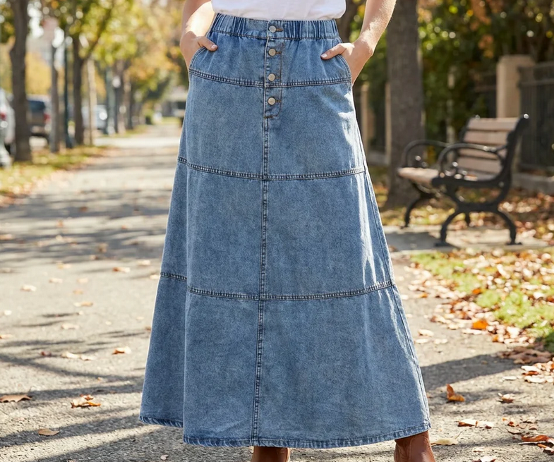Nabalu Therenne | Women’s Button Front A-Line Denim Maxi Skirt