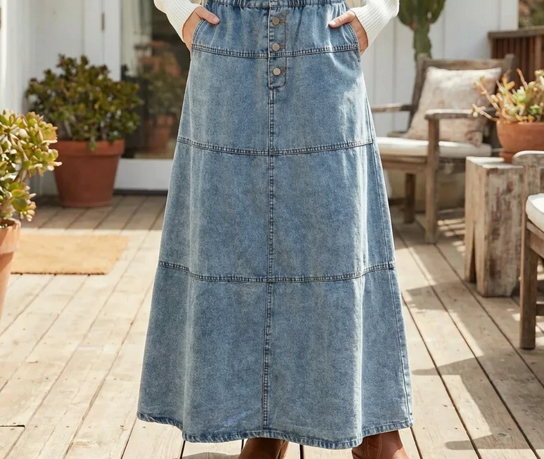 Nabalu Therenne | Women’s Button Front A-Line Denim Maxi Skirt