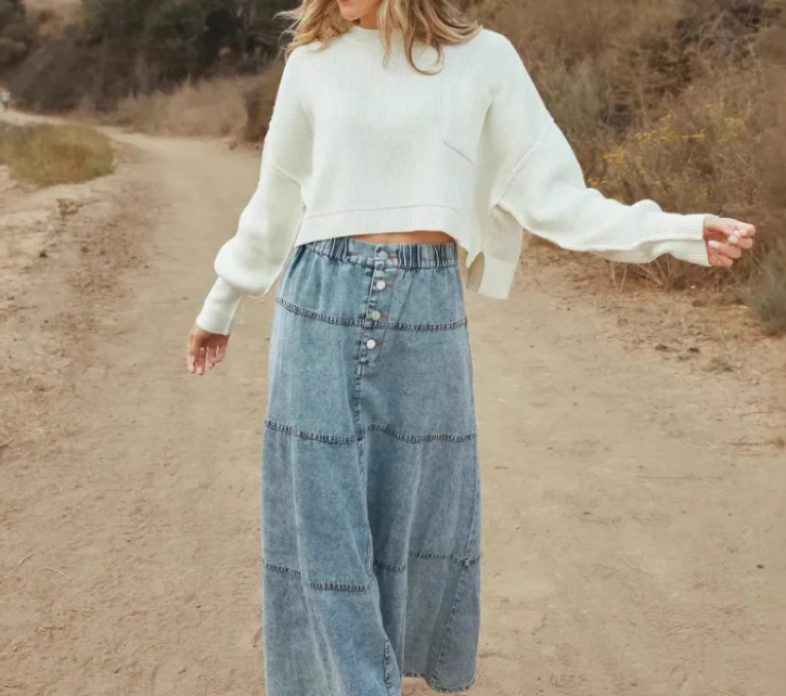 Nabalu Therenne | Women’s Button Front A-Line Denim Maxi Skirt