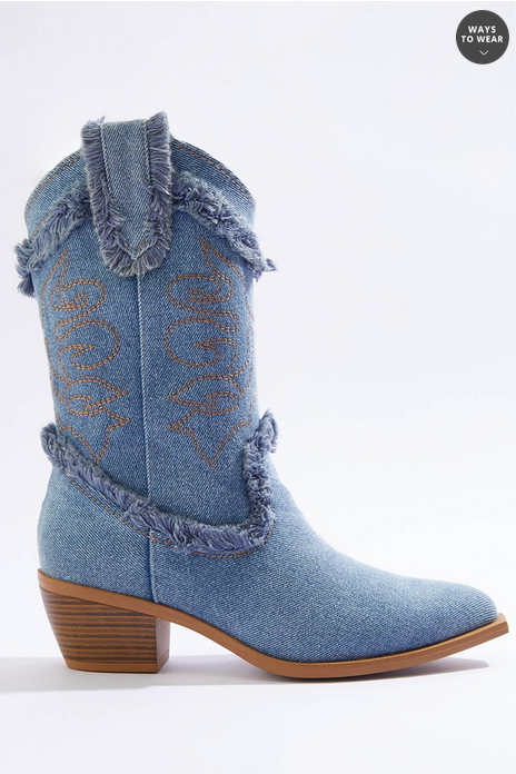 Cato Fashions Wide Width Frayed Denim Western Boots